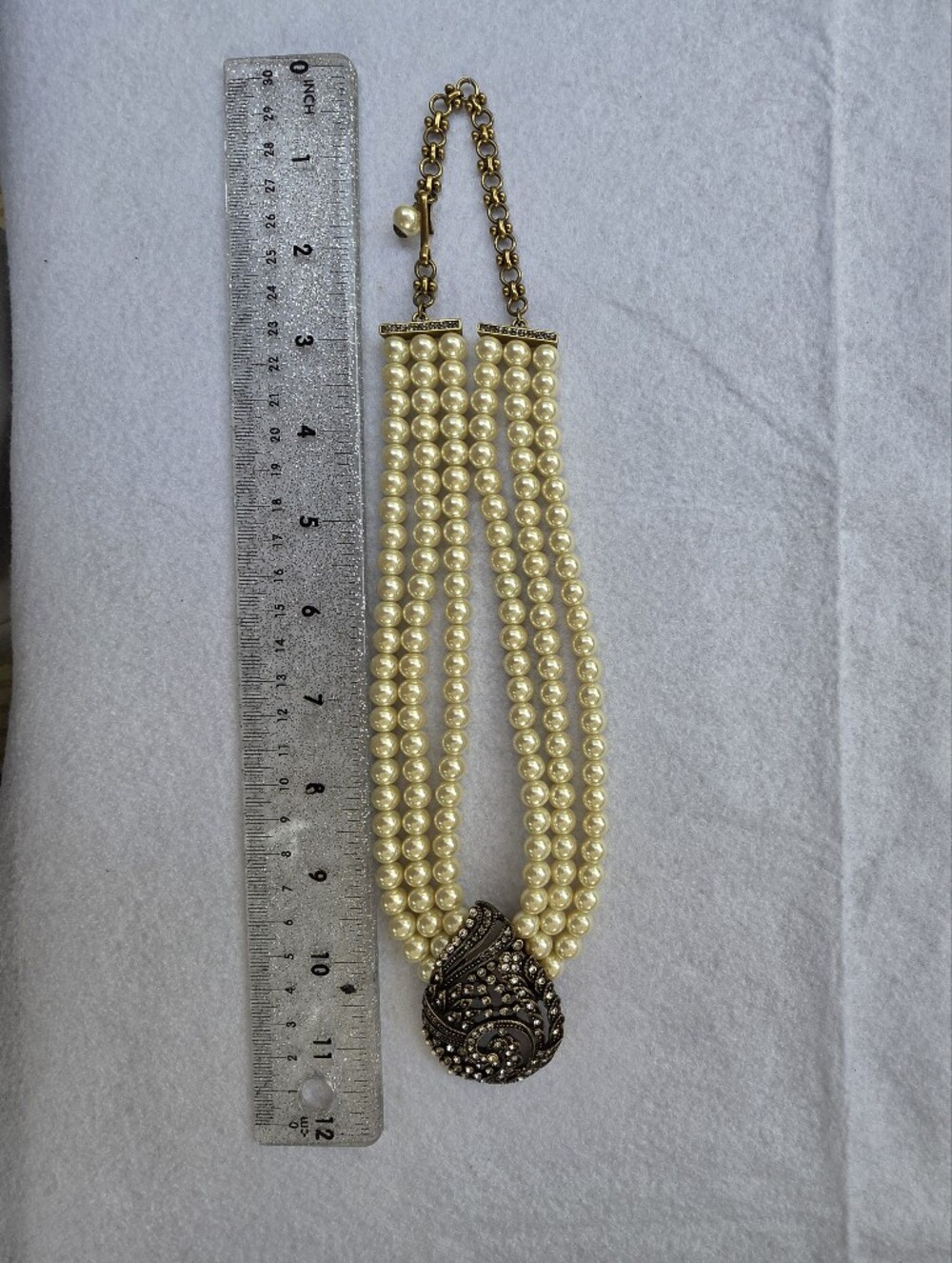 Elegant Ivory Pearl Multi-Strand Necklace with Crystal Pave Pendant - Picture 8 of 11